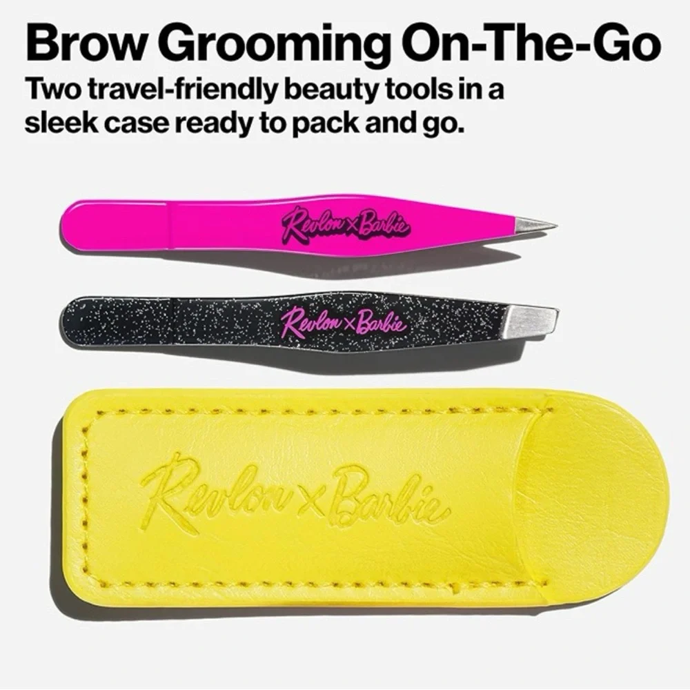New Revlon X Barbie Slant and Point Tweezer Set Travel Pouch Pink Beauty Tools - Picture 4 of 6
